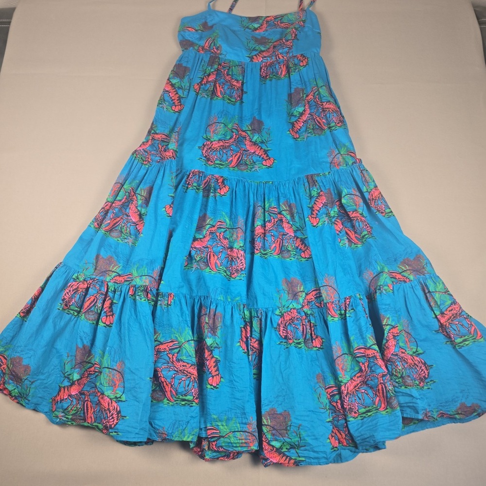 J Crew Womens Tiered Maxi Dress Lobster Print Ultramarine Blue Cotton Sundress